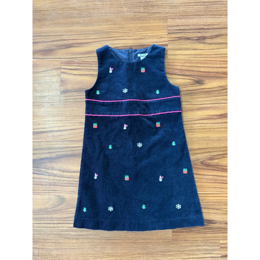 Hartstrings Girls Navy Corduroy Holiday Embroidered Jumper Dress Size 6 Xmas